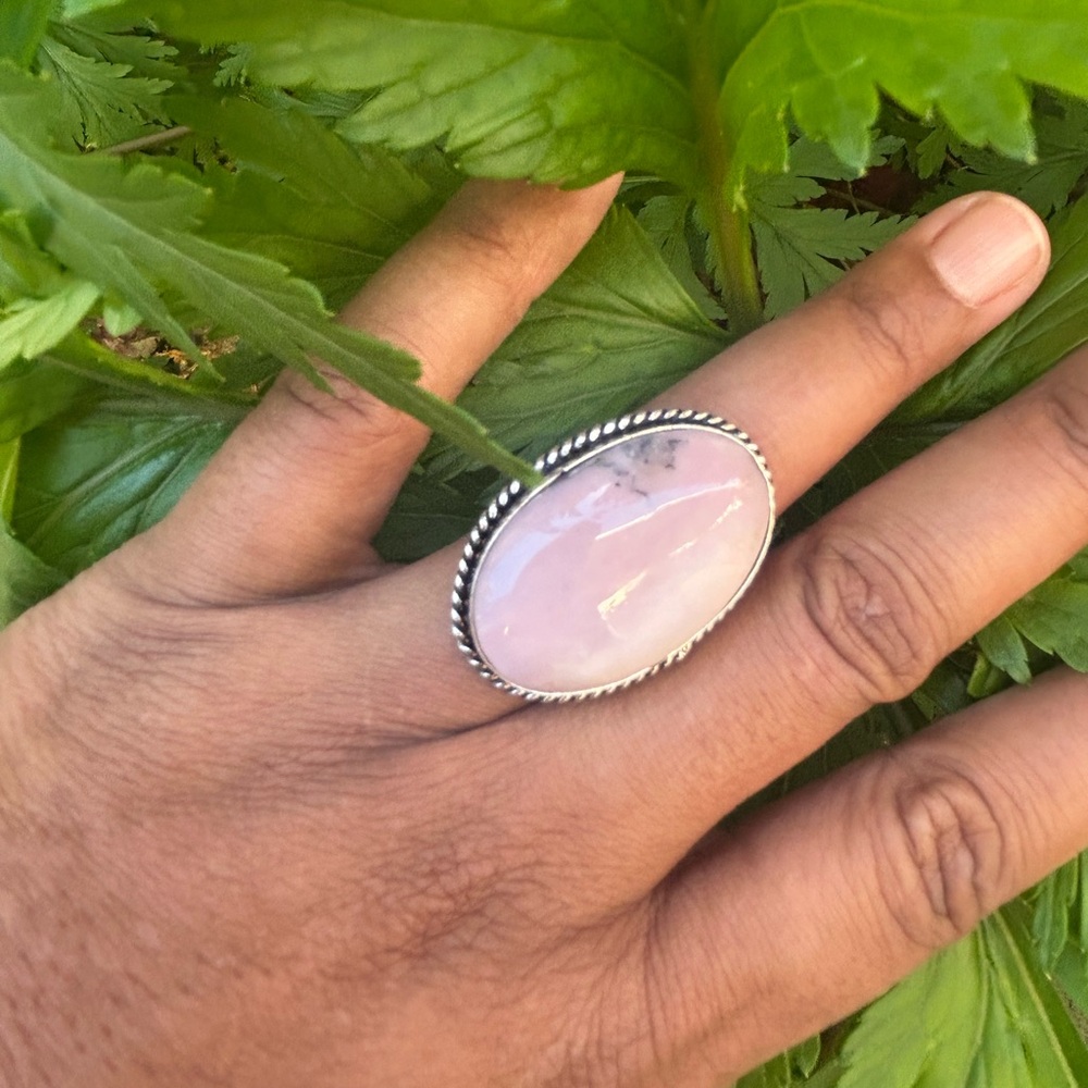 Natural Dendritic Pink Opal & .925 Sterling Silver Statement Ring - Size 10